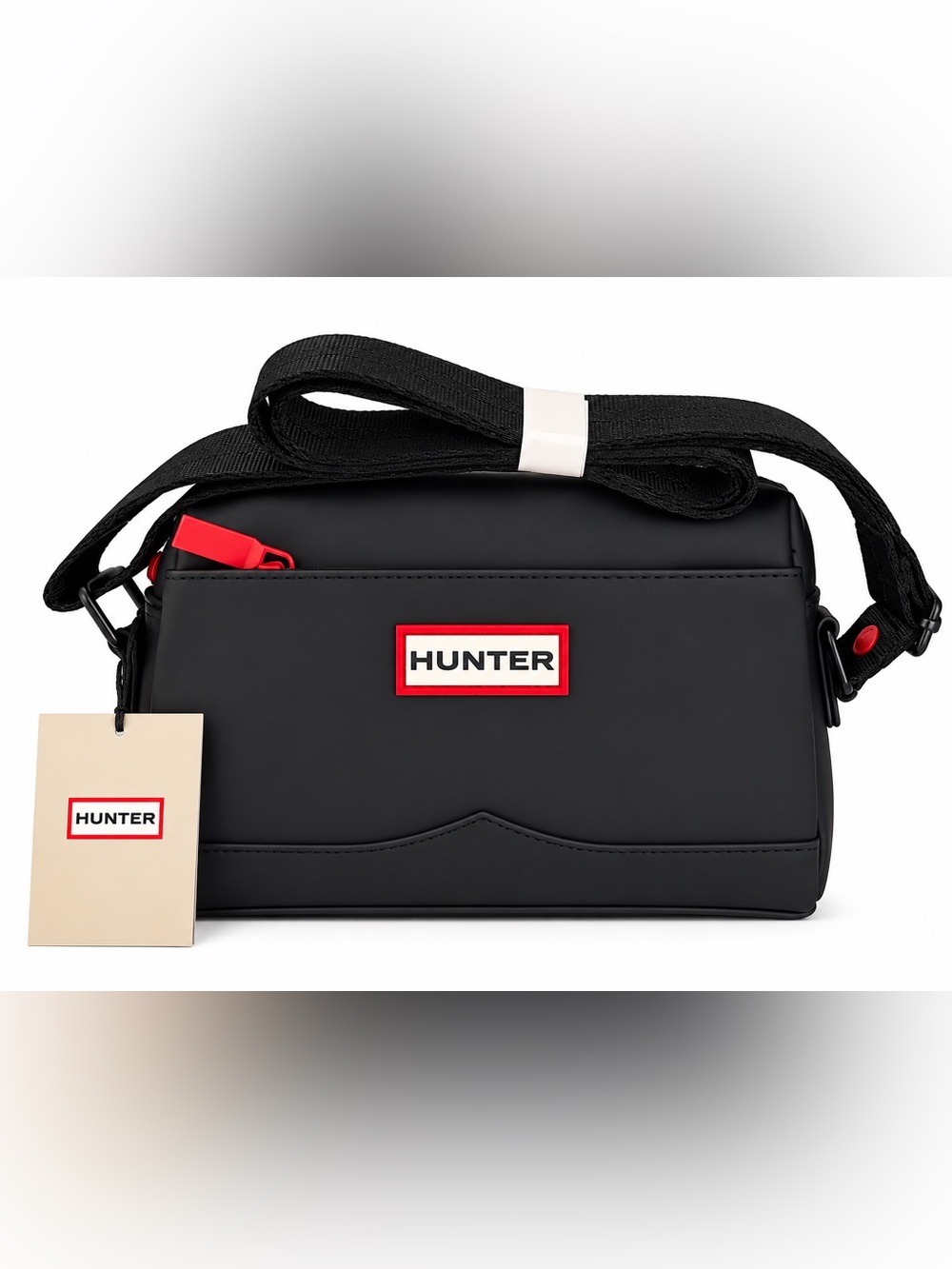 Hunter Crossbody Bag Black Rubberized Red Zip Pulls Adjustable Strap NWT